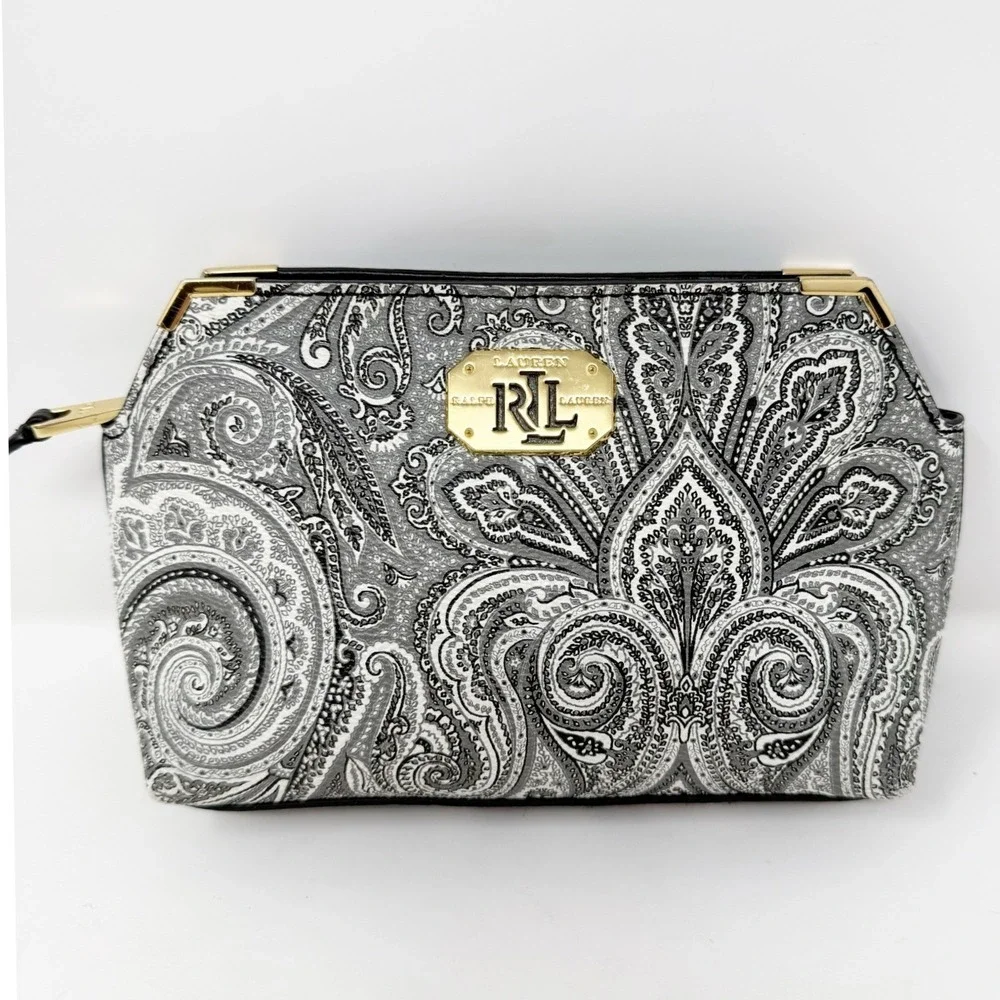 Ralph Lauren Black White Paisley Vegan Leather Clutch‎ Bag